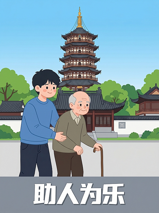 「图片1」 帮我根据这个模版生成3张以助人为乐为主题 包含有浙江省内建筑的海报卡通分