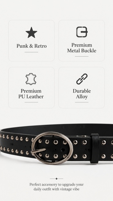 [第2屏] 设计理念页 - Y2K Retro Bohemian Rivet Belt. 本屏使用【图1】提取商品细节
[氛围/风格] 简约设计感，低饱和背景，干净利落的排版风格，符合跨境电商审美
[预览效果