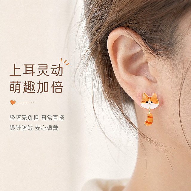 [主图-2] 主题：佩戴效果展示 突出上耳效果与可爱灵动气质。
[统一基调] 日系清新治愈风格，奶油米白浅色系背景，整体柔光干净，字体用文艺细圆体，标题字色暖棕，辅助字色浅灰，强调色橘橙色，整体精致手作感，无厚重色块。
[画面] 画面右侧展示女性右耳局部佩戴橘猫款耳钉的特写，耳朵肤色白皙自然，耳钉佩戴在耳垂位置，猫咪头贴耳，小尾巴自然垂在耳下微微晃动，灵动可爱。左侧留出负空间放文字。背景为纯净浅米色，柔和虚化。耳模/模特耳朵为亚洲年轻女性，皮肤细腻，无夸张妆容，发型为浅棕色碎发自然垂落几缕在耳旁，突出耳钉主体。产品占画面约40%，视角为侧面45度，清晰展示佩戴位置与整体比例。
[光影质感] 侧前方柔光，耳朵边缘有柔和轮廓光，耳钉滴胶表面通透有光泽，金属挂环亮泽，皮肤质感细腻自然，整体光线柔和均匀，无硬阴影。
[配色] 背景浅米色，肤色自然，橘猫耳钉橘白配色，金色挂环点缀，整体暖调柔和。
[文字版式] 画面左侧上方主标题「上耳灵动 萌趣加倍」，暖棕色细圆体加粗；下方两行小字「轻巧无负担 日常百搭」「银针防敏 安心佩戴」，浅灰色细体，字号为主标题的50%，行间距宽松。文字左对齐，放在左侧负空间，不遮挡耳朵与耳钉。
[输出要求] 1:1正方形，2K分辨率，耳钉清晰，佩戴效果自然真实，文字清晰，无变形错字，无水印无平台Logo，整体氛围温柔少女感。
