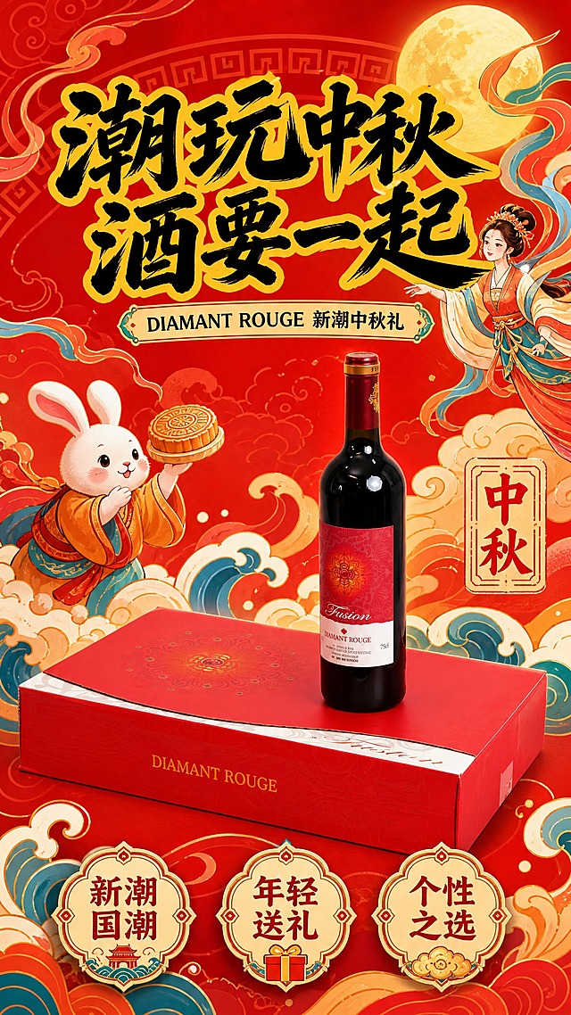 国潮扁平插画风格中秋红酒宣传海报，竖版9:16。画面主体为DIAMANT ROUGE红酒瓶与红色礼盒，100%还原上传商品图的产品外形、包装、LOGO、印刷文字、净含量，完整保留原图中的瓶型、盒型、轮廓、结构、比例、瓶盖、标签版式、品牌logo、容量信息、材质质感、颜色与正面朝向，设计仅作用于背景、光影、道具、版式和文字区。背景为鲜艳的朱红色，上面有国潮风格的祥云、海浪、回纹等传统纹样，色彩明快线条流畅。画面中央产品周围有卡通化的玉兔举着月饼、嫦娥飘带飞舞等潮流化传统元素，还有"中秋"字样的印章图案。产品位于画面中下部，呈倾斜动感姿态。画面顶部大主标题"潮玩中秋 酒要一起"，采用国潮艺术字体，黑黄配色加粗，非常醒目。副标题"DIAMANT ROUGE 新潮中秋礼"在主标题下方。画面底部三个国潮风格卖点徽章："新潮国潮""年轻送礼""个性之选"。整体色彩鲜艳饱和，红橙黄为主色调，活泼喜庆，国潮插画风格，版式精美，超高清2K画质。画面中所有信息区域必须填充完整合理的内容，不得出现空白框、空白占位。