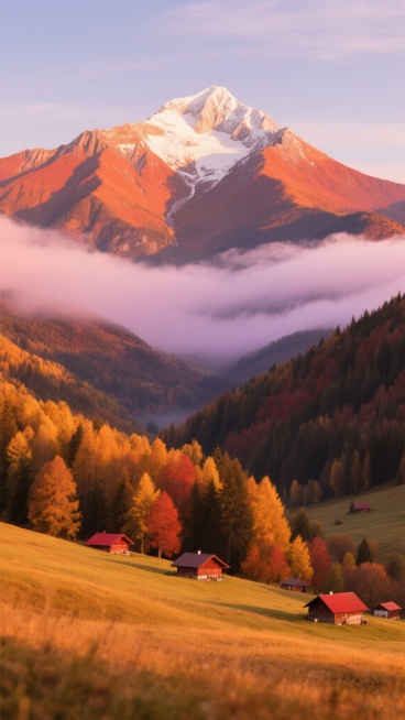超写实风景摄影，整体艺术风格保持高度清晰的自然写实主义，光影运用为明亮的自然光，光源来自画面上方，光线强度适中，形成明显的高光和阴影对比，阴影细节丰富，高光表现自然。画面整体色彩变换为以橙红色调为主的秋日景观，远处的雪山顶部仍保留少许白色，山体呈现温暖的橙红与赭石色渐变，山间云雾变为柔和的粉紫色，中景的山谷和森林覆盖着金黄、橙红和深褐色的秋叶，近景的草地呈现温暖的橙黄色调，点缀着几座红色屋顶的……预览效果