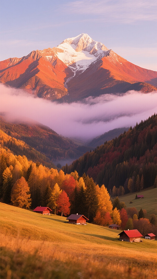 超写实风景摄影，整体艺术风格保持高度清晰的自然写实主义，光影运用为明亮的自然光，光源来自画面上方，光线强度适中，形成明显的高光和阴影对比，阴影细节丰富，高光表现自然。画面整体色彩变换为以橙红色调为主的秋日景观，远处的雪山顶部仍保留少许白色，山体呈现温暖的橙红与赭石色渐变，山间云雾变为柔和的粉紫色，中景的山谷和森林覆盖着金黄、橙红和深褐色的秋叶，近景的草地呈现温暖的橙黄色调，点缀着几座红色屋顶的小屋，整体构图保持原有的深远纵深感和三分法布局，展现出秋日山间宁静而壮丽的氛围，色彩和谐统一，细节质感细腻，如同身临其境的高清自然风光摄影。