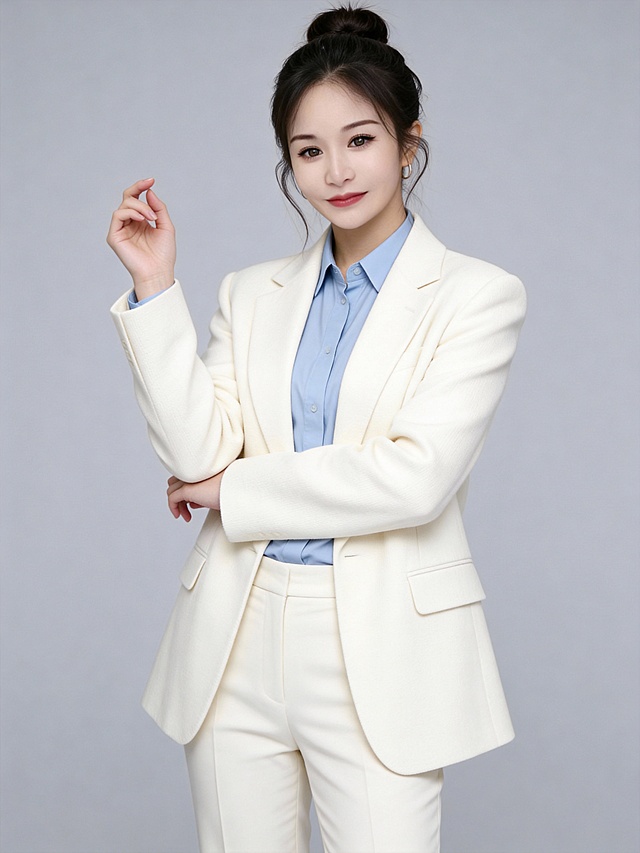 保留人物脸型､发型､年龄等特征生成职场形象照,标准焦段50mm,F/4光圈(F/2.8-F/4区间),平视视角(镜头与人物视线齐平);人物占画面70%,人物居中(居中构图),位于画面中心,为视觉聚焦点,入境范围头部及以下至臀部下方10cm(半身像);左右留少量背景空间;头部与画面顶部保留5%空间;头部发型完整;原生肤质白皙细腻(通透自然),韩式精致浓妆(整洁清透通勤妆容,底妆轻薄整洁,浅淡暖调唇色提升气色,无浓重妆感;身穿奶油净白色宽松版型西装(精纺羊毛混纺材质),内搭浅蓝色翻领衬衫(休闲感,细腻亚面纯棉材质),同色系西裤(精纺羊毛混纺材质);左臂自然交叉于胸前,肘部微收;右臂抬起,肘部微屈,手腕轻抬至胸前右侧位置｡右手呈优雅的半握式姿态,食指与中指轻拢,无名指和小指自然弯曲,指尖微微向内收拢,精致内敛有气质｡站立姿势(重心略偏一侧更显随性);温婉沉稳,发质柔顺(弧度自然,柔顺光泽)整体气质自信从容,兼具职场利落与女性温婉沉稳;眼神直视镜头,瞳孔澄澈带柔和光感,表情自然,嘴角微微上扬,画面整体简约高级,为专业棚拍人像写真,采用柔和自然布光,4800K中性光色温,面部光比精准控制1:1.3,面部光线均匀通透;主体锐利清晰,简约冷调中灰度纯色背景(光线呈现均匀柔和干净的质感)。