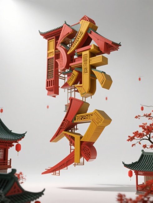 Cinema 4D 高品质渲染，工作室光照，正面视角。 一个悬浮在纯白色空间中的立体雕塑，形状为竖排的“除夕”二字。“除夕”二字完全由解构主义风格的中式传统建筑部件（红色飞檐、雕花门窗、廊柱与点缀明黄预览效果