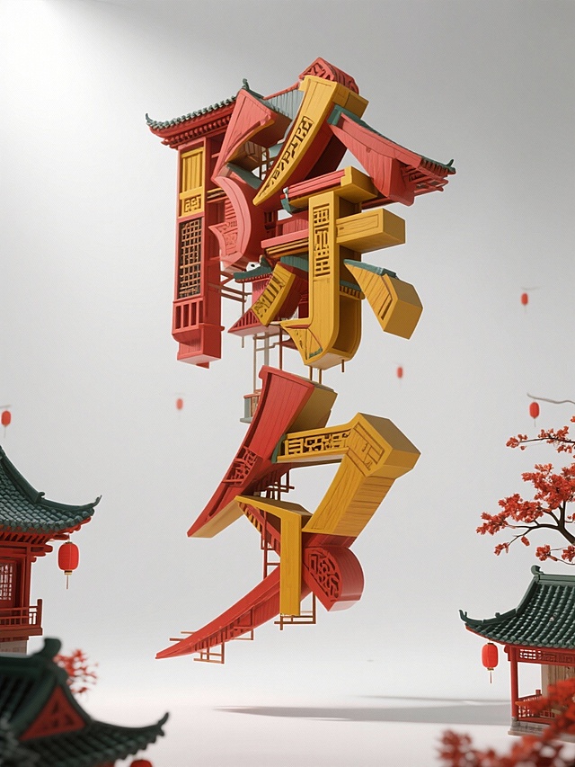 Cinema 4D 高品质渲染，工作室光照，正面视角。 一个悬浮在纯白色空间中的立体雕塑，形状为竖排的“除夕”二字。“除夕”二字完全由解构主义风格的中式传统建筑部件（红色飞檐、雕花门窗、廊柱与点缀明黄色、墨绿色的瓦顶）穿插搭接而成，建筑结构具有显著的厚度与纵深，形成充满视觉矛盾的复杂空间组合。字形严格遵循非衬线体的标准特征：笔画保持均匀一致的粗壮宽度，起笔与收笔处均为简洁的直角或平直切割，无任何顿笔或装饰性元素。整体块面感极强，结构清晰稳定，比例较扁，确保最高的视觉识别度与几何现代感。 雕塑周围点缀着红色灯笼集群、微缩中式亭台楼阁与飘逸的红枫枝条。

布光方案： 主光源来自左上方，形成明确的亮部；右侧为自然衰减的暗部。背景为绝对纯白色，无渐变、无阴影，且完全不受场景光影影响。光线柔和，精确凸显建筑的复杂结构、厚重的体量、材质细节（如木材纹理、漆面光泽、瓦片的釉质质感）与深邃的空间感。

画面比例3:4，风格融合现代解构与传统美学，细节精密，渲染真实，具有作品集级别质感。