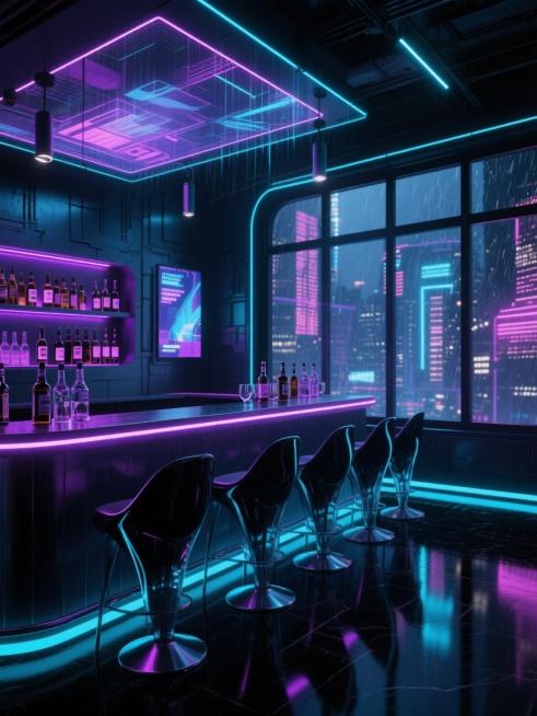 一个充满未来感的赛博朋克风格酒吧内部场景，深色调的空间中，吧台以深色金属与霓虹蓝、紫色灯带勾勒出锐利的几何轮廓，吧台上整齐排列着带有霓虹光效的酒瓶与酒杯，吧椅设计成流线型的黑色或透明材质，搭配发光底座。天花板垂下带有全息投影效果的装饰灯，墙面采用裸露的金属板与全息广告屏结合，窗外是雨夜中的城市霓虹夜景，霓虹灯光透过巨大的落地窗映照在光滑的黑色地板上，形成迷离的光影反射，整体氛围神秘而前卫，充满……预览效果