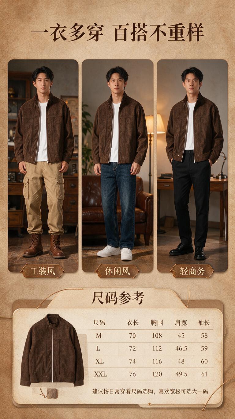 [商品] 使用【图1】棕色麂皮绒立领夹克；商品处理：保留立领、… - 图片创意预览