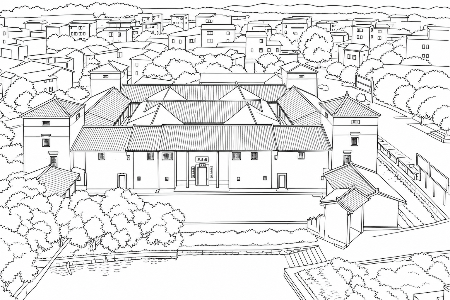 将这张客家围龙屋古建筑照片转换为平面白描手绘风黑白线稿图，线条… - 图片创意预览