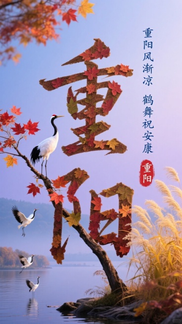 画面主体是由仙鹤、枫叶组成的 “重阳” 大字，大字连着栖息仙鹤的枝干上红透的枫叶与摇曳的黄色芦苇。有蓝色书法小字竖排 “重阳风渐凉 鹤舞祝安康”，红色印章 “重阳”，背景为带有悠远感的蓝紫色调江边秋景预览效果