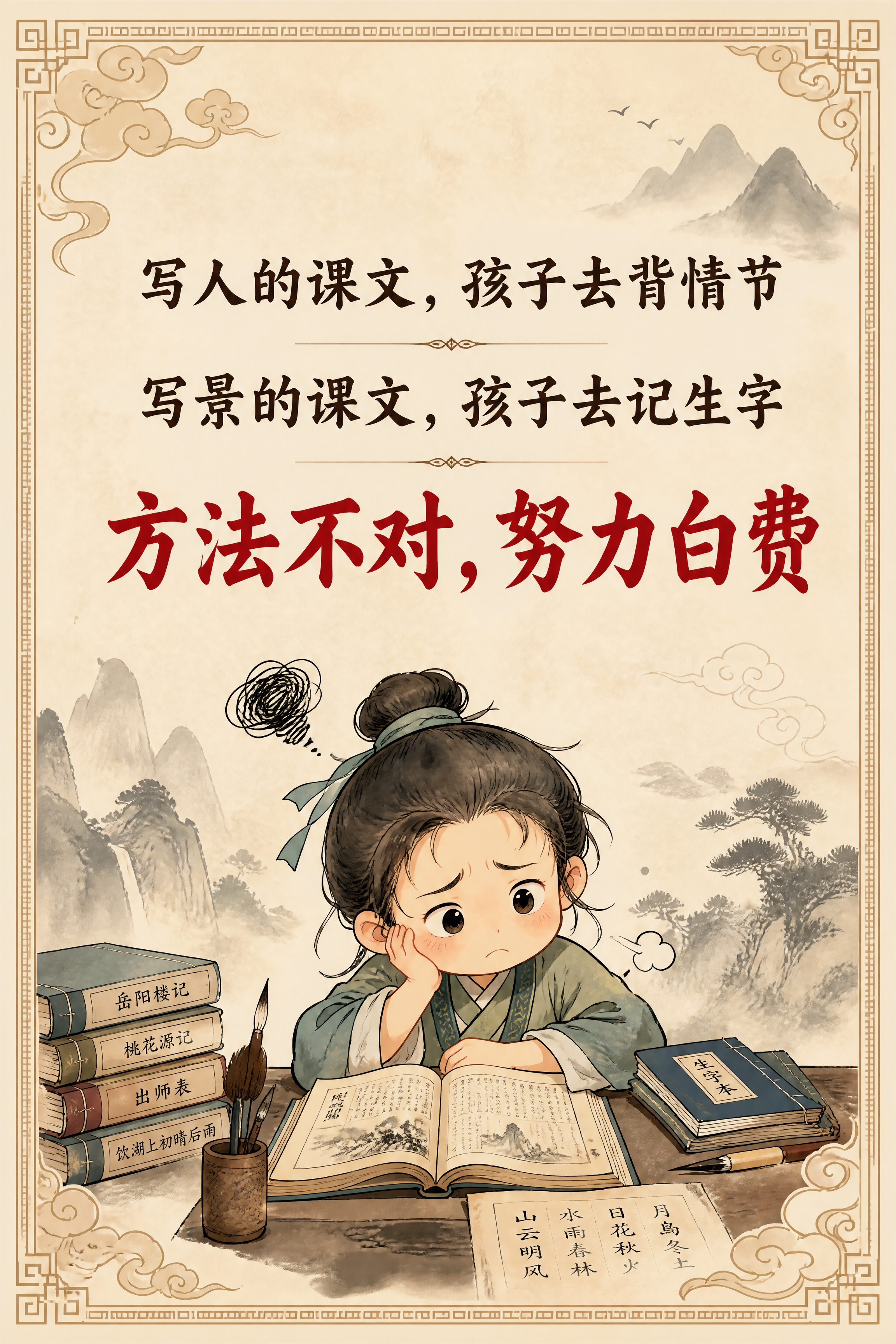 小红书笔记内页，痛点插画，国风山海经风格，米黄色宣纸纹理背景、… - 图片创意预览