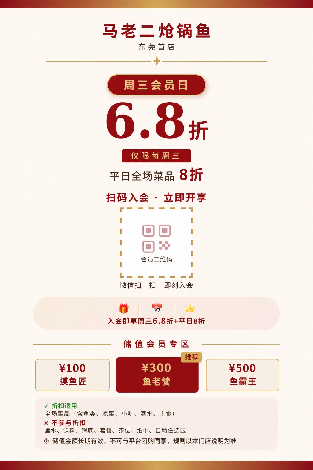 提取左侧会员日活动单页，保留所有内容：顶部"马老二炝锅鱼 东莞… - 图片创意预览