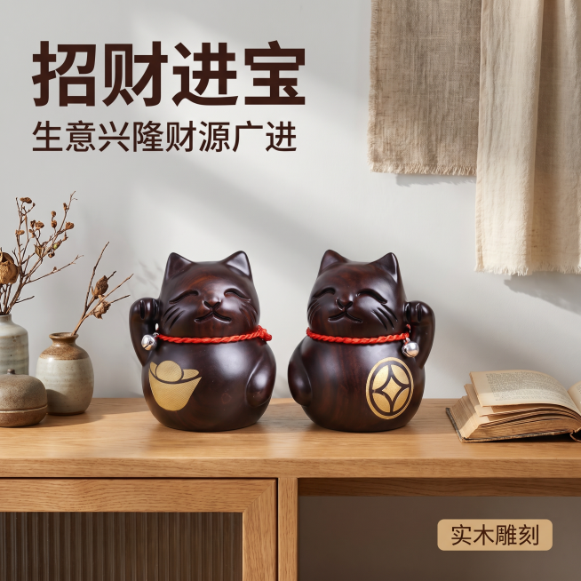 「图片1」木质招财猫，纯天然实木雕刻，招财进宝，生意兴隆，财源广进预览效果