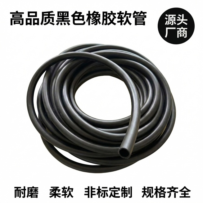 将图片底色修改为纯白色，保留原有黑色橡胶软管产品和全部文案内容不变，产品保持外观不变，保持简约工业风风格，文字位置和内容完全保留。预览效果