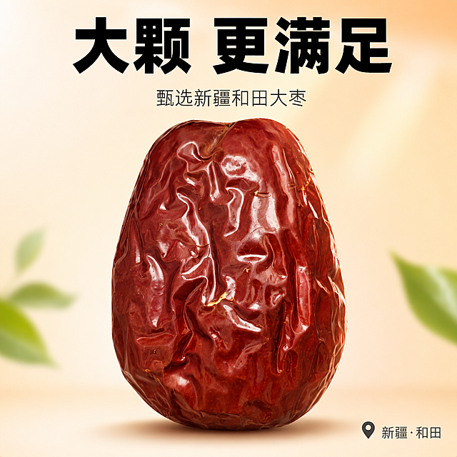 参考图风格：浅暖渐变背景，大枣主体超大，文案极简，突出产品本身，干净高级。

生成要求：浅米色到浅橙色的柔和渐变背景，非常干净淡雅；画面中央一颗超大完整和田大枣正面展示，占画面75%以上，枣皮深红棕色油亮饱满，褶皱纹理清晰自然，保持与输入产品图外观完全一致，杜绝变形色差；大枣底部有柔和的圆形投影，仿佛轻轻放在台面上；背景中隐约有一两片模糊的绿色枣叶做点缀，极淡不抢主体。

文案：画面上方居中一行超大粗黑体字「大颗 更满足」黑色超粗，字号大但不压主体；主标题下方一行小字「甄选新疆和田大枣」深灰色细体；右下角放一个小定位图标加「新疆·和田」深灰色小字；整体文案极少，留白充足，画面干净简洁，全部注意力集中在大枣本身。

光影：柔和侧逆光从右上方照射，枣皮边缘有金色轮廓光，正面高光细腻油亮，褶皱凹陷处有自然阴影，立体感极强；整体光线温暖通透，质感真实。

1:1比例，2K超高清，文字清晰锐利，简洁高级电商主图质感。
负向：变形，文字错乱，背景杂乱，水印，电商平台Logo，多余的手，人物面部，花里胡哨，复杂场景，枣过小。