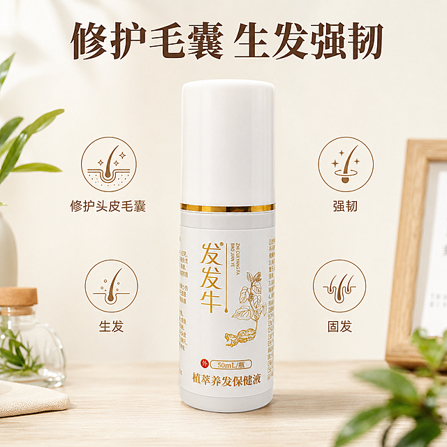 [主图-3] 植萃养发保健液功效展示图
[氛围风格] 家居治愈风，温和专业氛围
[画质] 商业摄影质感，清晰通透，干净高级
[元素] 发发牛植萃养发保健液产品居中摆放，周围围绕四个功效核心元素，用极简图标搭配文字展示。保持产品外观与原图绝对一致，无变形色差。背景为浅奶白色原木纹理桌面
[光影] 柔和均匀室内自然光，整体明亮不暗沉，突出产品瓶身质感
[配色] 主色调奶白浅棕，点缀绿植绿色，自然治愈
[视角构图] 中心构图，产品主体突出，四周留白合理
[文字版式] 顶部大字主文案："修护毛囊 生发强韧"，深棕色粗体；四个功效分点标注在产品四周：修护头皮毛囊 生发 强韧 固发，每个功效搭配小草图标，文字小号浅棕色。文案均在负空间，不遮挡产品
[比例分辨率] 1:1比例，2048px*2048px分辨率，文字清晰可辨，超高清
[负向提示词] 变形，水印，文字错乱，产品模糊，背景杂乱