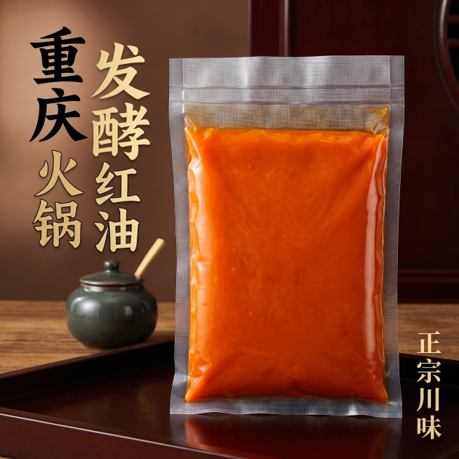 电商主图，商品是发酵型火锅红油，卖点：发酵型工艺，产地重庆，新中式电商风格，背景采用传统中式红棕搭配原木纹理，突出产品包装，左上角添加大字标题"重庆发酵火锅红油"，右下角标注"正宗川味"，整体大气高级预览效果