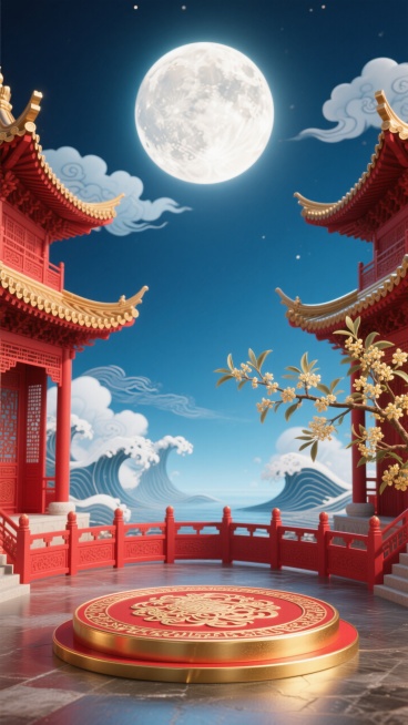 以16:0的横屏，以红、金、蓝白为主色调，前景是带纹样的红金圆形展示台（表面有传统花纹），两侧是红金中式飞檐楼阁，楼阁周围有红色围栏，右侧有桂花枝，背景是深蓝色天空，悬着巨大明亮的圆月，背景有云朵、波预览效果