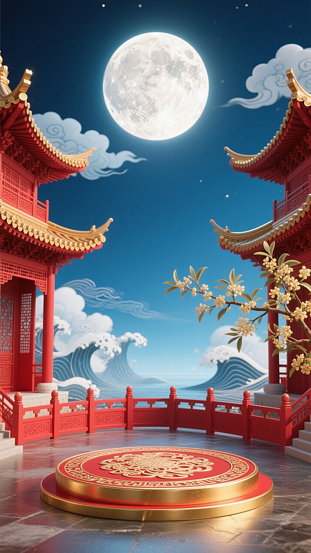 以16:0的横屏，以红、金、蓝白为主色调，前景是带纹样的红金圆形展示台（表面有传统花纹），两侧是红金中式飞檐楼阁，楼阁周围有红色围栏，右侧有桂花枝，背景是深蓝色天空，悬着巨大明亮的圆月，背景有云朵、波浪纹样，