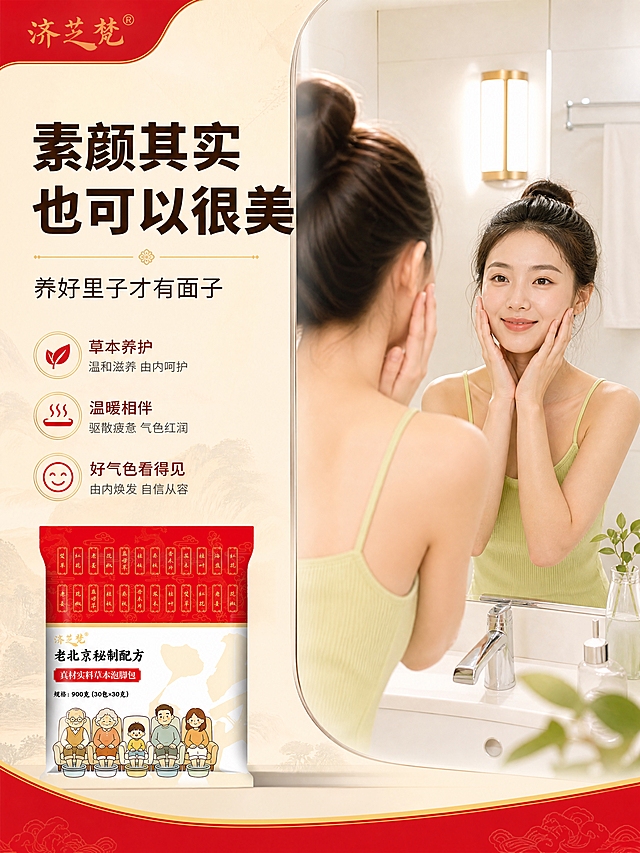 [商品] 使用【图1】济芝梵老北京草本泡脚包产品图作为品牌与产品参考；保留济芝梵品牌名；本页展示养颜好气色的情绪价值。
[画面] 目标：素颜其实也可以很美，养好里子才有面子。构图：左右分栏，左侧40%文字+人物正面，右侧60%人物背影照镜子场景。主体：一位亚洲年轻女性穿着浅黄绿色吊带，站在浴室镜子前，双手轻托脸颊，对着镜子自信微笑，镜中映出她红润好气色的脸庞；背景为明亮的白色浴室，有银色水龙头和镜子，暖黄色灯光。景别：中景，人物上半身。阅读动线：从左上到右下。前中后景：前景镜子台面，中景人物，后景浴室环境。
[视觉] 套系策略：风格=中式草本养生商业摄影风；标题字=粗黑体厚重有力；正文字=简洁黑体；主色=中国红+米杏色；背景延展=基于红金暖调做深浅层级、同色渐变和木质/宣纸质感；强调色=暖金色，仅用于小面积图标、引线和标签；标题色=深棕黑；正文色=深暖灰；组件=左侧文字区浅米底配红色点缀；光影=暖黄色浴室灯光，人物肤色自然透亮。
[文字] 左上主标题"素颜其实""也可以很美"，副标题"养好里子才有面子"。文字全部横向排版，字号保证手机端可读，不遮挡人物面部。品牌名统一用"济芝梵"。
[规格] 图片比例3:4竖版，4K分辨率，避免变形、错字、文字过小、冷蓝背景、人物面部怪异、镜像不一致。