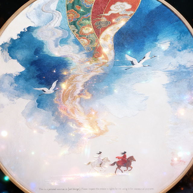 工笔与刺绣融合的中式插画风，梦幻云海间双骑策马，仙鹤翩跹，丝带流转如星河，唯美超现实意境。