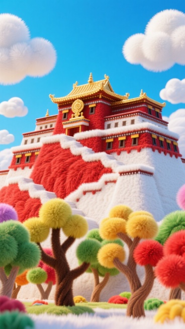 中国西藏布达拉宫，红白色宫殿主体，金色屋顶装饰，阶梯式建筑结构，前景彩色树木，蓝天白云背景预览效果