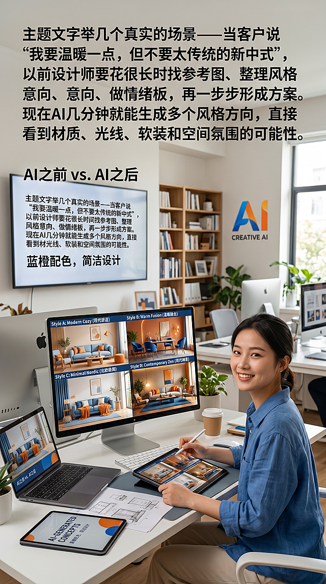 举几个真实的场景——
当客户说"我要温暖一点，但不要太传统的新中式"，以前设计师要花很长时间找参考图、整理风格意向、做情绪板，再一步步形成方案。现在AI几分钟就能生成多个风格方向，直接看到材质、光线、软装和空间氛围的可能性。 蓝橙配色，简洁一点不要太复杂