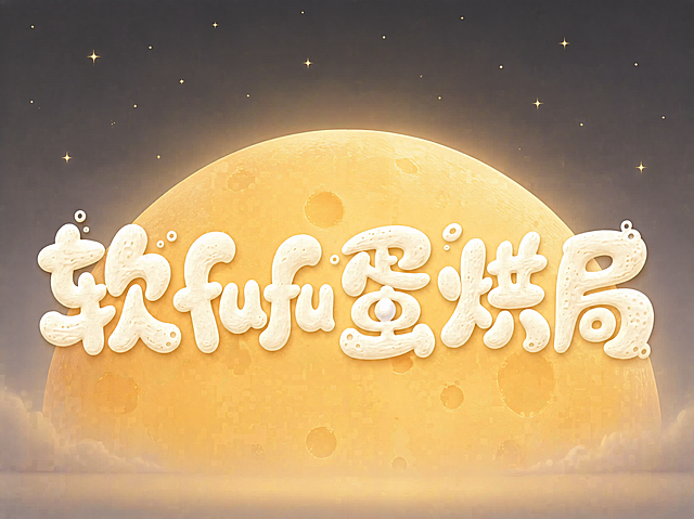保留"软fufu蛋烘局"字体本身松软蓬松的质感不变，将背景修改为一轮半圆形半升起的暖黄色月球，月球就像咸蛋黄的颜色和质感，渐变深灰色夜空背景，字体保持在画面前景位置不变，整体色彩温暖治愈，风格统一协调。仅保留五个字："软"、"fufu"、"蛋"、"烘"、"局"，文字整体必须完整呈现在画面内不可被裁切，四周留有安全边距。比例4:3