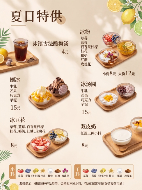 参考这张茶饮价目表的排版风格，设计一张高级感夏日饮品价目表，主题为夏日特供，包含以下产品和价格：冰镇古法酸梅汤 4元；冰粉：草莓、蓝莓、百香果柠檬、桂花、椰奶、红糖、玫瑰花，小份8元，大份12元；刨冰预览效果
