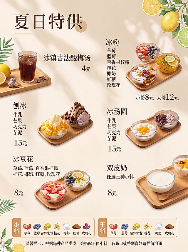 参考这张茶饮价目表的排版风格，设计一张高级感夏日饮品价目表，主题为夏日特供，包含以下产品和价格：冰镇古法酸梅汤 4元；冰粉：草莓、蓝莓、百香果柠檬、桂花、椰奶、红糖、玫瑰花，小份8元，大份12元；刨冰：牛乳、芒果、巧克力、芋泥，15元；冰汤圆：牛乳、芒果、巧克力、芋泥，15元；冰豆花：草莓、蓝莓、百香果柠檬、桂花、椰奶、红糖、玫瑰花，8元；双皮奶：任选三种小料，8元；小料：西瓜、芒果、脆波波、爆爆珠、椰果、芋圆、红豆、布丁…；干料：花生、山楂、葡萄干、薄脆、奥利奥碎、烤椰粒…；温馨提示：根据每种产品类型，会搭配不同小料，有忌口或特别喜好请提前沟通！整体风格温暖清新，高级简约，夏日氛围，排版工整清晰