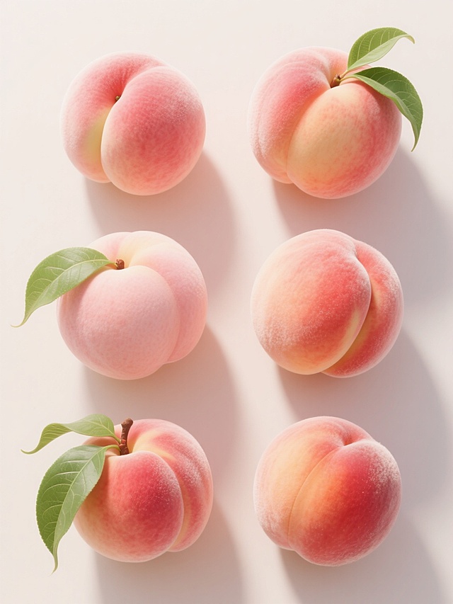 6个不同样式的桃子造型，上下两行对齐排列，每个桃子都具有高度写实的质感，表面有自然的红晕和细腻的绒毛，浅色背景，桃子颜色从粉嫩的浅粉色到橙红色渐变，带有清晰的纹理和光泽感，部分桃子带有翠绿的叶子，叶子有明显的叶脉和自然的弯曲形态，整体构图简洁明快，突出桃子的新鲜和饱满，光影效果柔和，立体感强，细节丰富，色彩和谐统一。