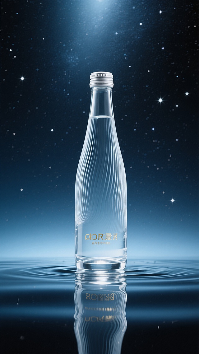 一张高端矿泉水广告海报，画面中央是一个透明玻璃瓶装矿泉水，瓶身带有细腻的竖条纹波浪纹理，瓶盖为银白色，瓶身印有金色的品牌文字。矿泉水瓶置于光滑的水面上，水面清晰地倒映出瓶身的轮廓。背景是广阔的星空，深邃的夜空中点缀着无数闪烁的星星，营造出宁静而神秘的氛围。整体画面采用极简主义风格，色彩以深蓝色和黑色为主，搭配矿泉水瓶的透明质感和水面的反光，形成强烈的视觉对比。光线从上方柔和地洒下，照亮瓶身和水面，突出矿泉水的纯净与高端品质。