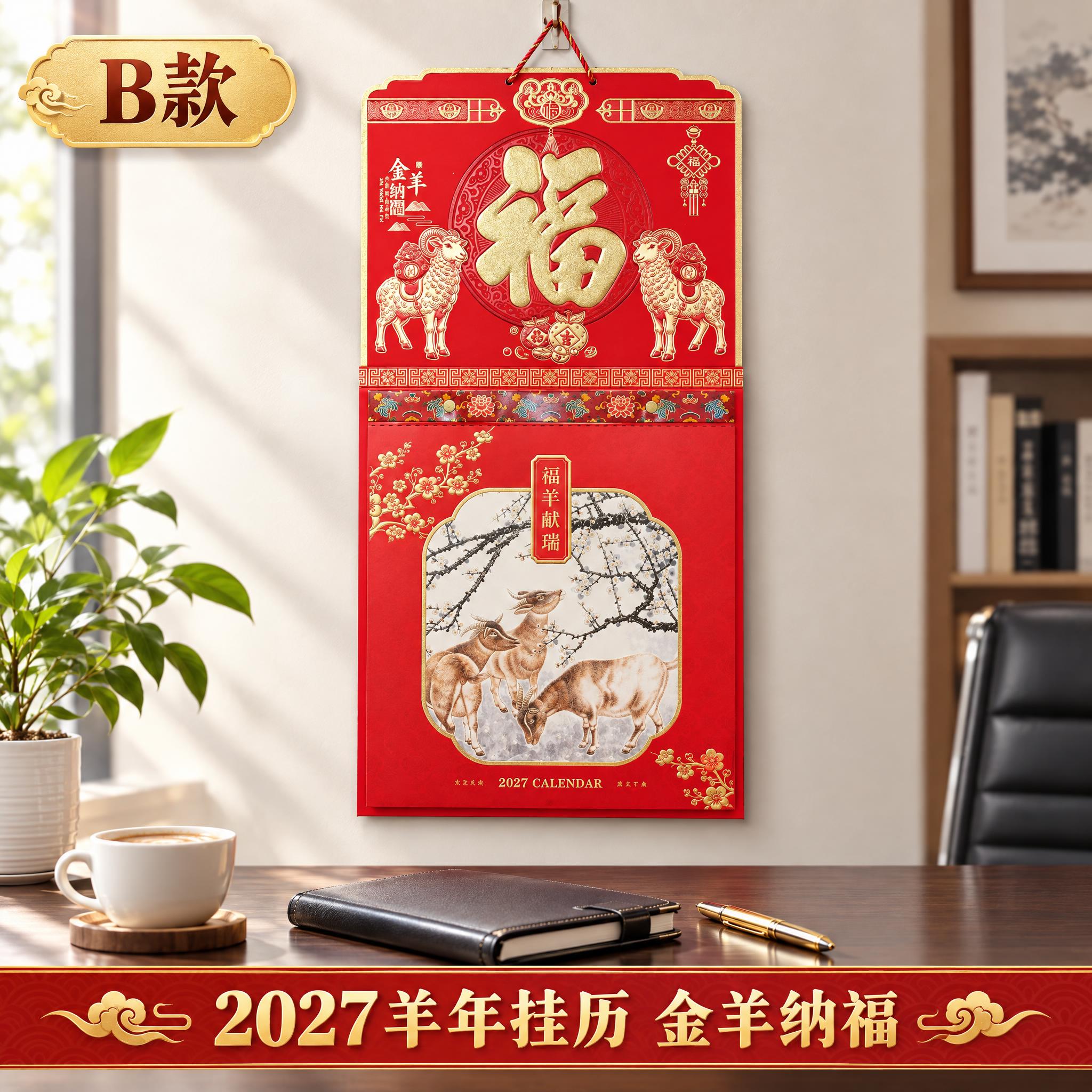 金羊纳福福羊献瑞2027年挂历淘宝主图第2张，主题：B款正面展… - 图片创意预览