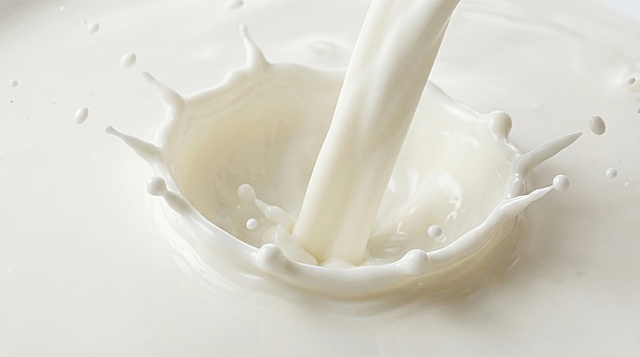 倾倒牛奶，牛奶滴落溅起奶花的特写画面，高清超写实，质感真实细腻，奶白色纯净自然，光影柔和，呈现飞溅的动态瞬间