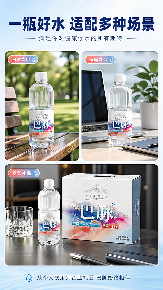 [商品] 使用【图1】巴脉巴马水瓶装饮用水；保留瓶身全部结构、颜色、Logo与标签文字，在三个场景卡片中分别出现，每个场景中产品自然融入，标签清晰可辨。
[画面] 场景拼图型，目标是展示产品多场景适配性。画面为2+1竖排三卡片布局（上方两大卡片并排，下方一大卡片横置），分别呈现三大饮用场景：左上卡片「日常饮用」——户外公园长椅上放着水瓶，阳光草地背景；右上卡片「家庭办公」——现代办公桌面，水瓶与笔记本电脑、绿植同框；下方卡片「商务礼品」——精致礼盒装与单瓶组合，商务桌面场景，有质感的礼盒包装。卡片之间有细微间距与圆角。背景为品牌主色浅蓝渐变。
[视觉] 套系策略：风格=高端天然水饮商业摄影风，清透自然有质感；标题字=现代简约无衬线粗体，字重偏厚重；正文字=纤细优雅无衬线体；主色=清透冰川蓝；背景延展=基于冰川蓝做浅淡渐变与细腻质感，卡片内场景各自真实自然，整体色调统一协调；强调色=品牌彩墨渐变中的珊瑚红与靛蓝，仅用于场景标签和小图标点缀；标题色=深靛蓝；正文色=中灰蓝；组件=圆角半透明信息卡、细蓝线引线、水滴形图标、圆角场景卡片；光影=各场景内自然真实光影，整体统一明亮柔和。
[文字] 顶部主标题"一瓶好水 适配多种场景"，副标题"满足你对健康饮水的所有期待"。每个场景卡片内有对应场景名称小标签：「日常饮用」「家庭办公」「商务礼品」，标签位于卡片左上角。底部补充一行文案："从个人饮用到企业礼赠 巴脉始终相伴"。所有文字横向排版，不遮挡产品主体，字号手机端可读。
[规格] 图片比例9:16竖版，4K，负向提示：避免瓶身变形、标签文字错误、场景不真实、卡片杂乱、极限词、医疗功效。