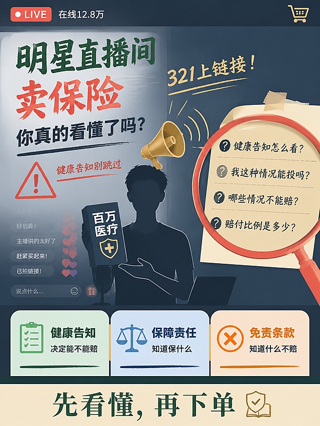 竖版3:4比例小红书爆款封面海报，警示科普风格，专业克制，像老师在课堂上的温馨提示，不是嘲笑而是提醒消费者注意。

【背景层】深灰蓝色#2C3E50直播界面风格背景，顶部有直播状态栏，左侧红色"LIVE"标签，中间显示"在线12.8万"，右上角有金色#D4956A购物车图标🛒，整体还原真实直播场景但冷静克制。

【视觉焦点——主播与弹幕冲突】画面中部偏左：一个简化的中性主播剪影形象，不具体化人物特征，主播手持写着"百万医疗"的产品盒，旁边有一个金色#D4956A大喇叭图标📢，喇叭发出声波纹写着"321上链接！"。
主播右侧是淡黄色#FFF8DC便签贴纸风格的弹幕区，深灰色手写体弹幕排列整齐：
"❓ 健康告知怎么看？"
"❓ 我这种情况能投吗？"
"❓ 哪些情况不能赔？"
"❓ 赔付比例是多少？"
弹幕旁有一个珊瑚红#E8655A手绘放大镜🔍，放大镜聚焦在这些问题上，但主播视线看向镜头，暗示关键问题被忽视。

【主标题区】画面左侧约40%宽度：
第一行深墨绿色#3D6B59超粗手写体笔触坚定文字："明星直播间"
第二行珊瑚红#E8655A警示感文字："卖保险"
第三行深灰色#4A4A4A文字："你真的看懂了吗？"
主文字右侧一个珊瑚红#E8655A手绘警示符号⚠️，符号旁小字："健康告知别跳过"。

【数据警示区】画面下部约25%区域，三张标签式卡片横向排列，中间用细细的金色竖线分隔，卡片底部有一条深墨绿色横线强调重要性：
卡片1淡青绿色底#E8F5E9：📋文件图标 + 主文"健康告知" + 副文"决定能不能赔"
卡片2淡蓝色底#E3F2FD：⚖️天平图标 + 主文"保障责任" + 副文"知道保什么"
卡片3淡橙色底#FFF3E0：❌打叉图标 + 主文"免责条款" + 副文"知道什么不赔"

【底部行动区】画面最底部淡米黄色#F5E6C8横条，高度约10%：深墨绿色#3D6B59衬线体有力但温和的主CTA文字："先看懂，再下单"。

【整体风格】警示科普风，专业克制，冲突场景吸睛→关键问题可视化→知识点科普→行动引导的小红书爆款逻辑。人物简化为剪影不讽刺不攻击。版式精美层次分明。画面中所有数字必须精确渲染不得错位遗漏编造。画面中所有信息区域必须填充完整合理内容，不得出现空白框空白占位。不要二维码占位，不要出现汇金永信字样。