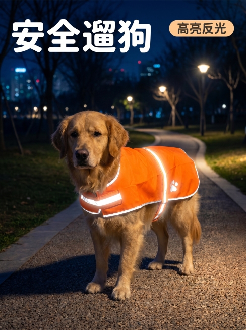 [主图-1] 户外夜间遛狗场景宠物反光衣首图。
[氛围风格] 真实夜景户外公园氛围感，安全醒目；
[画质] 商业摄影质感、光线通透、产品清晰真实、画面干净高级。
[元素] 一只金毛犬穿着橙色宠物反光衣预览效果
