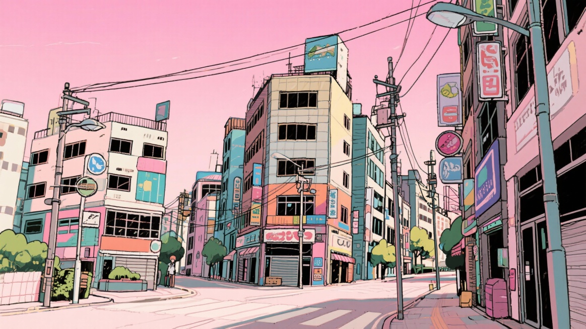 二次元，浪漫，约会，城市，街道，景点，天空，不要人物，生成10张，细节丰富，元素多彩，浅粉色，不要人物预览效果