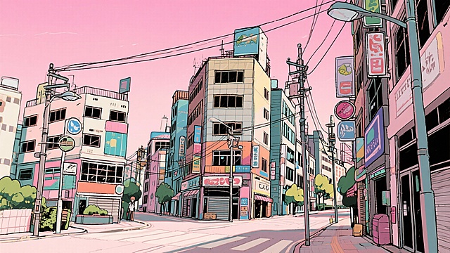 二次元，浪漫，约会，城市，街道，景点，天空，不要人物，生成10张，细节丰富，元素多彩，浅粉色，不要人物