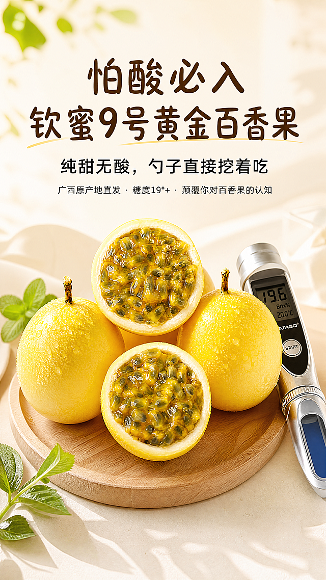 [第1屏] 详情页首屏主视觉，广西钦蜜9号黄金百香果宣传海报。
[氛围/风格] 热带阳光感轻奢生鲜风Warm Minimalism，自然光窗边柔光，商业生鲜摄影质感，清新透气，画面干净高级，拒绝大红大绿土特产底纹。
[元素布局] 本屏使用【图1】作为商品主体，完整百香果和切开的百香果保持原产品外观、颜色和结构一致，整体偏下放大占据画面65%-70%。完整果+切开果同框展示，切开果展示出橙黄果浆裹着黑籽的爆汁感，表面带有微量水珠增强新鲜感，右侧放置银色糖度计显示19-20°Brix作为视觉锚点，整体放置在浅原木色圆形木盘上，背景是干净的暖调氛围。
[光影质感] 左上方柔光主光照亮百香果果肉爆汁质感，果面水珠呈现清晰高光，右下方形成自然柔和投影，整体明亮通透，产品边缘清晰真实。
[配色色系] 全局底色：#FFF8EE（暖米白）；主体配色：#F5C542（金黄果肉色）+#3A7D44（藤叶绿）；文字配色：深棕色标题+黑色正文。
[视角构图] 45度俯拍，主体位于画面下半部分居中，上半部分完整留给标题和副标题，整体构图饱满透气，阅读动线从上至下。
[文字版式] 首屏大图撑满版式，上半部分标题区域，主标题「怕酸必入 · 钦蜜9号黄金百香果」，副标题「纯甜无酸，勺子直接挖着吃」，小字副标「广西原产地直发 · 糖度19°+ · 颠覆你对百香果的认知」。中文主标题采用手写圆体（汉仪悠然体风格），正文用无衬线黑体，字色仅深棕和黑色两种，保持透气留白，标题清晰不遮挡主体。
[比例分辨率] 9:16竖版比例，4K分辨率，文字清晰可辨，超高清。
[负向提示词] 产品变形，颜色偏差，文字错乱，水印，背景杂乱，大红大绿土特产底纹，信息过载。