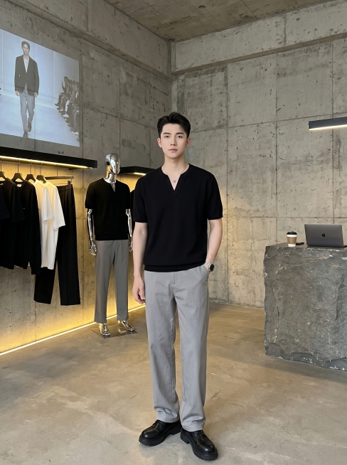 侘寂工业风男装店内全景，裸露水泥毛坯墙搭配水泥地面，粗粝极简氛围。左侧带暖光灯黑色挂衣杆挂着黑白简约成衣，墙面投影幕布播放时装秀。银色金属无头模特穿同款黑色短袖V领上衣和灰色宽松直筒裤。右侧石质台面放预览效果