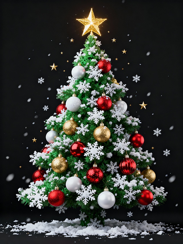 以经典深绿圣诞树为底，搭配红、金、白装饰球与雪花元素，还原传统圣诞配色，用星光与落雪烘托温馨复古的节日氛围，契合大众对圣诞的经典印象