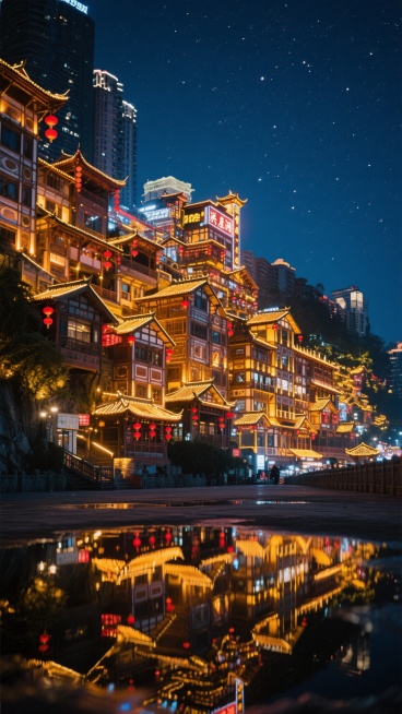 重庆洪崖洞夜景，传统吊脚楼依山而建层层叠叠，红灯笼与暖黄色建筑灯光交相辉映，深蓝色夜空点缀漫天繁星，地面水洼倒映灯火光影，建筑细节丰富有飞檐翘角，整体呈现梦幻璀璨的山城夜色氛围，具有浓厚的中国传统建筑风格与现代夜景照明结合的美感，画面层次分明，光影对比强烈，营造出繁华而古朴的视觉效果。预览效果