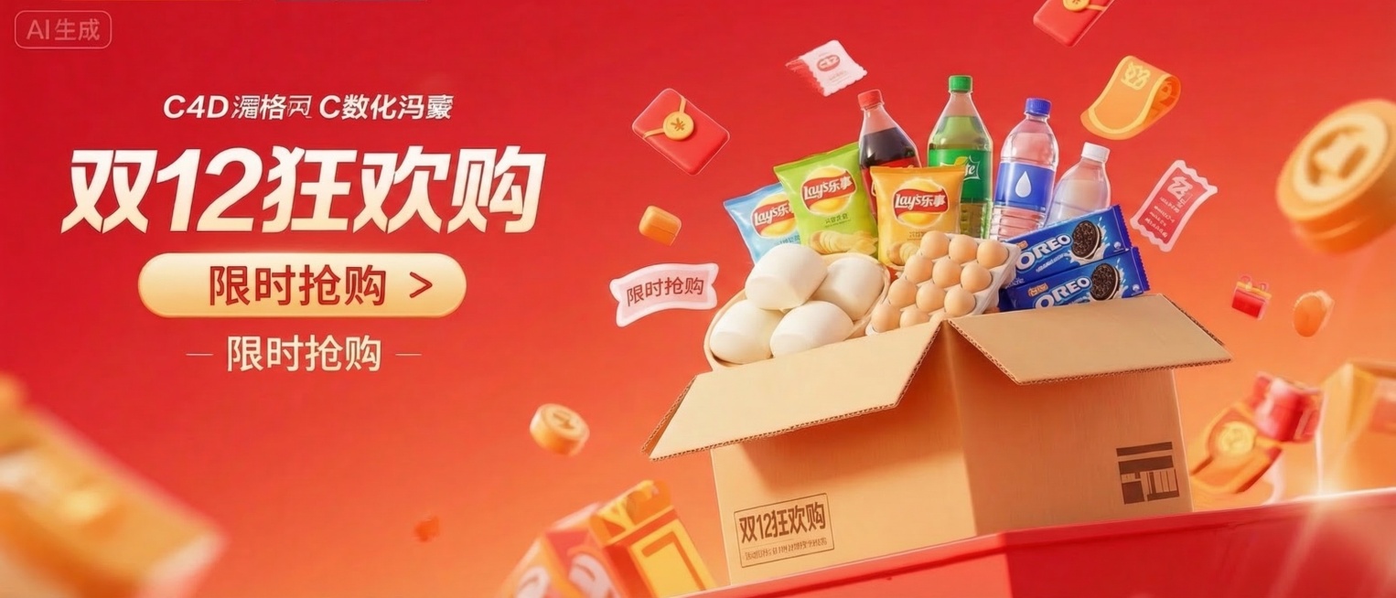 在这张双12狂欢购海报原图基础上，将箱子里面的礼物盒换成馒头、薯片、瓶装饮料、鸡蛋、奥利奥饼干，保留原有红色背景、文字文案“双12狂欢购 限时抢购”、红包金币装饰元素和整体3D C4D风格不变预览效果