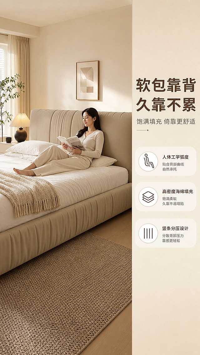 [商品] 使用【图1】卡其米色落地围边布艺软包床；保留落地围边结构、饱满竖条软包床头、同色系床围、卡其米色与科技布质感；商品处理：自然理顺面料褶皱，增强软包蓬松感，不改变结构比例和颜色。
[画面] 目标：沉浸体验页，展示真人倚靠床头的舒适使用场景。构图：右文左景，左侧约2/3为卧室场景，一位亚洲女性半躺靠在床头，手持书本阅读，姿态放松自然，床占画面约60%；右侧约1/3为竖列文案区；背景为暖调奶油风卧室，搭配台灯、挂画、绿植，午后自然光柔和。
[视觉] 套系策略：风格=现代奶油风高级家居商业摄影；标题字=思源黑体粗体；正文字=思源黑体常规；主色=卡其米杏；背景延展=基于卡其米杏做深浅层级、同色渐变和细腻墙漆/织物质感；强调色=暖棕咖，仅用于小面积图标、引线和标签；标题色=深暖棕；正文色=中暖灰；组件=圆角浅底信息卡、细线引线、胶囊形卖点框；光影=右前侧暖柔光，柔和漫反射。
[文字] 右侧文案区：主标题「软包靠背 久靠不累」，副标题「饱满填充 倚靠更舒适」；下方3条短卖点「人体工学弧度」「高密度海绵填充」「竖条分压设计」；文字横向排版，不遮挡人物与床主体。
[规格] 图片比例9:16竖版，4K分辨率，淘宝/天猫详情页适配，中文文案，亚洲模特；避免变形、错字、文字过小、冷蓝背景、床颜色改变、结构失真、极限词。
