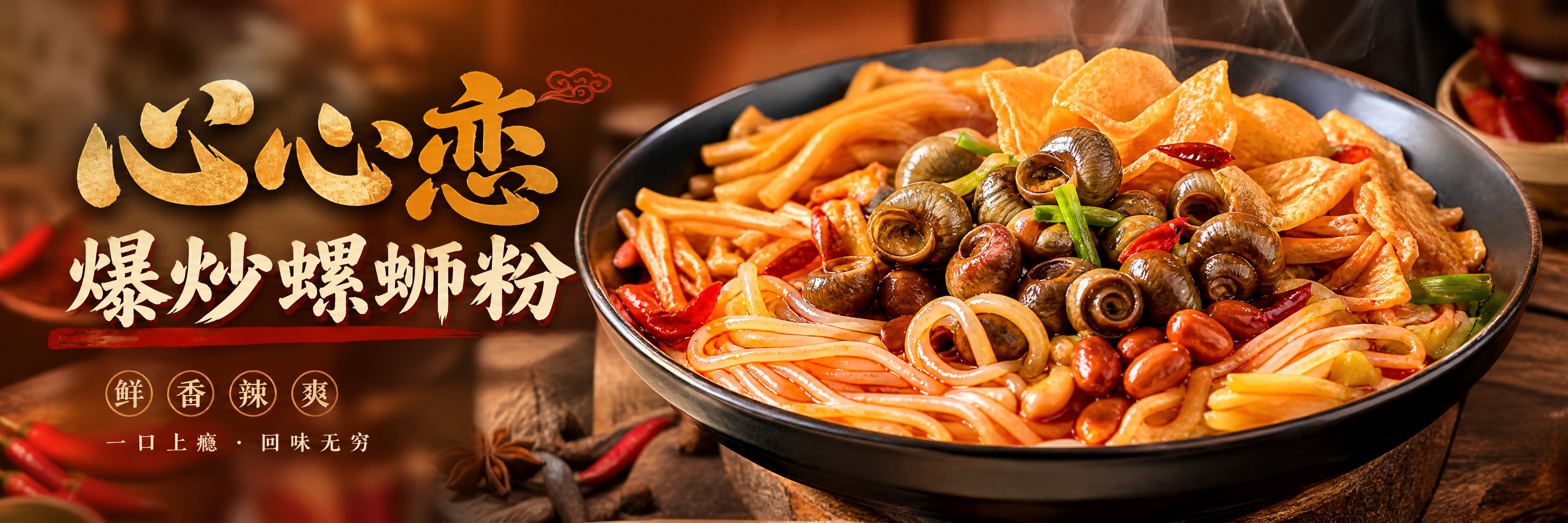 螺蛳粉美食海报，写真风格，超宽横幅构图，画面主体是一碗丰盛诱人… - 图片创意预览