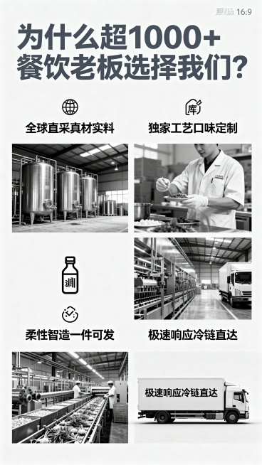 竖版16:9高端简约核心优势页面，四宫格布局，每个优势配小图标，拼贴原料冷库、质检员、物流车三张图片，大标题"为什么超1000+餐饮老板选择我们？"，四个优势分别为：全球直采真材实料、独家工艺口味定制预览效果