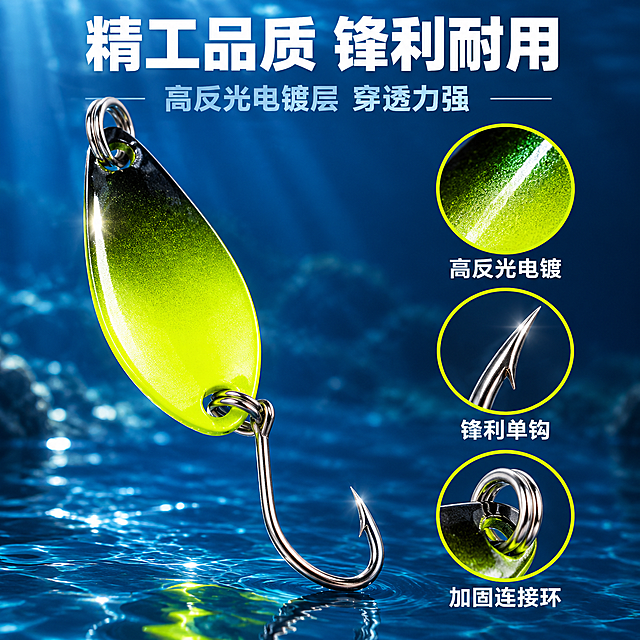 [主图-3] 材质细节品质，展示亮片金属质感、锋利鱼钩和做工细节。
[统一基调] 专业户外渔具风格，深蓝湖水渐变背景，主标题白色粗体无衬线字体，辅助文字浅蓝灰色，强调色荧光黄绿色，字体统一现代无衬线粗体。
[画面] 画面主体为一枚黄绿渐变水滴形亮片的微距特写，占据画面中心偏左位置，亮片表面金属抛光质感清晰可见，反光细腻。右侧有3个圆形放大细节框：第一个放大框展示亮片表面的电镀层光泽纹理，第二个放大框展示锋利的单钩钩尖特写，第三个放大框展示连接环的做工细节。每个放大框下方配简短说明文字。
[光影质感] 微距摄影质感，硬光突出金属质感和锋利边缘，亮片曲面有明显高光带，鱼钩尖端锐利清晰，金属反光真实自然。
[配色] 背景深蓝渐变，放大框边框荧光黄绿色，说明文字白色，产品金属色真实还原。
[文字版式] 顶部主标题「精工品质 锋利耐用」，副标题「高反光电镀层 穿透力强」，右侧3个细节放大框竖向排列，每个框下配小字说明：「高反光电镀」「锋利单钩」「加固连接环」。文字布局在右侧负空间，不遮挡主产品。
[输出要求] 1:1正方形，2048px，文字清晰，产品细节清晰锐利，无错字，无水印，无平台Logo。
