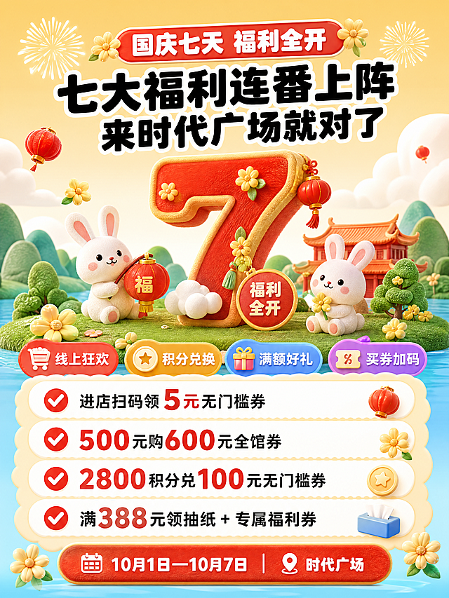 [商品] 无实物商品，为时代广场国庆促销活动福利总览页，参考图风格为3D卡通可爱风、暖黄浅蓝清新配色。
[画面] 国庆七天福利全开总览，中心视觉为一个大型3D立体数字"7"或可爱礼盒造型，周围环绕四大核心福利清单，呈上下排列布局。背景延续暖黄浅橙天空渐变+浅蓝水面+绿色草地，顶部有烟花和云朵，周围点缀小兔子、灯笼、桂花等可爱元素，与全套风格统一。
[视觉] 套系策略：风格=3D卡通可爱国潮插画风，毛绒质感立体元素，清新暖色调；标题字=粗厚圆润的卡通黑体，黑色粗字带白色描边；正文字=圆润可爱无衬线体；主色=暖黄+浅橙+浅蓝+正红点缀；背景延展=基于暖黄浅橙做天空渐变，下方浅蓝水面+绿色草地，叠加细腻云朵和远景青山；强调色=正红+金色，用于灯笼、标签、装饰和重点数字；标题色=黑色粗字白边；正文色=深灰+红色强调；组件=圆角胶囊标签（红底白字）、对勾图标、小灯笼图标、桂花装饰、云朵分割线；光影=顶部暖柔光，整体明亮通透，3D元素有柔和阴影。
[文字] 顶部红色胶囊标签"国庆七天 福利全开"，副标题"七大福利连番上阵  来时代广场就对了"。下方四大核心福利清单带红色对勾：✅ 进店扫码领5元无门槛券，✅ 500元购600元全馆券，✅ 2800积分兑100元无门槛券，✅ 满388元领抽纸+专属福利券。再补充亮点标签：线上狂欢、积分兑换、满额好礼、买券加码。底部活动信息"📅 10月1日—10月7日 | 📍 时代广场"。所有文字横排，清单清晰可爱。
[规格] 小红书封面尺寸3:4竖版，4K高清，避免文字模糊、错字、图标杂乱、颜色暗淡。