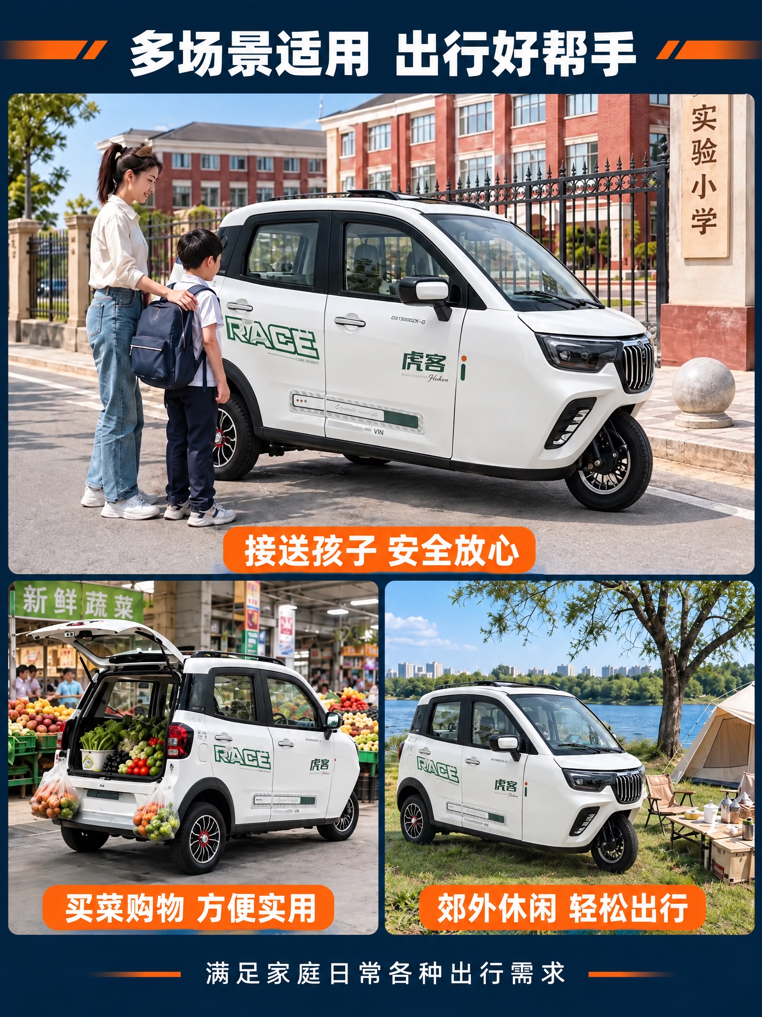 将图一中三处场景（学校门口、菜市场、郊外露营）中的白色三轮电动… - 图片创意预览