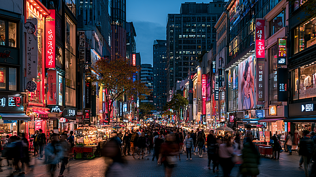 Myeongdong shopping district in Seoul, South Korea, iconic vibrant landmark. Bustling Myeongdong street at night with neon signs, colorful storefronts, crowds of shoppers, street food stalls, bright lights and energy, cosmopolitan atmosphere, wide angle street photography, ultra detailed, vivid colors, dynamic and lively scene, high resolution. --ar 16:9 --v 8